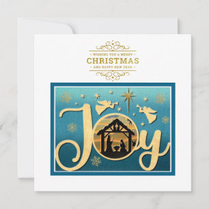 Cartão De Festividades Natal Silhueta Moderna Ouro "JOY" Cena de Nativida