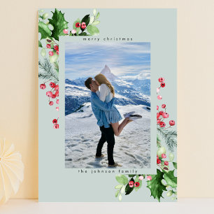 Cartão De Festividades Natal Simples com Aquarela de Folhas de Azevinho