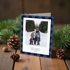 Cartão De Festividades Natal Simples com Xadrez Azul e Preto 3 Fotos