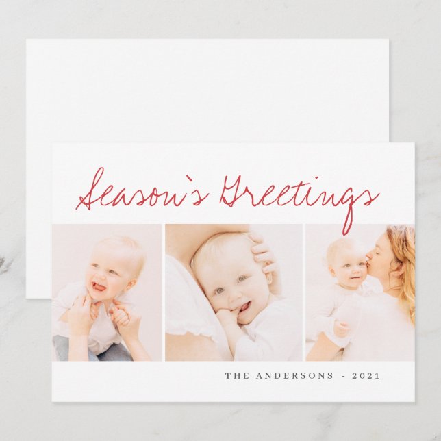 Cartão De Festividades Natal Simples Moderno Saudação Três Foto (Frente/Verso)
