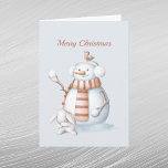 Cartão De Festividades Natal Snowman Snowbolas Rabbit Watercolor<br><div class="desc">Um boneco de neve segurando bolas de neve e um coelho que se abaixa.</div>