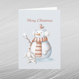 Cartão De Festividades Natal Snowman Snowbolas Rabbit Watercolor