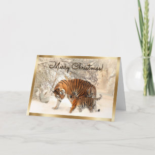 Cartão De Festividades Natal Tigre de bebê e mãe Tiger na floresta de nev