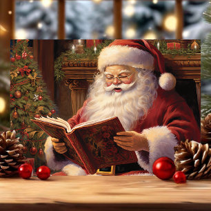 Cartão De Festividades Natal Tradicional Papai Noel Lendo um Livro