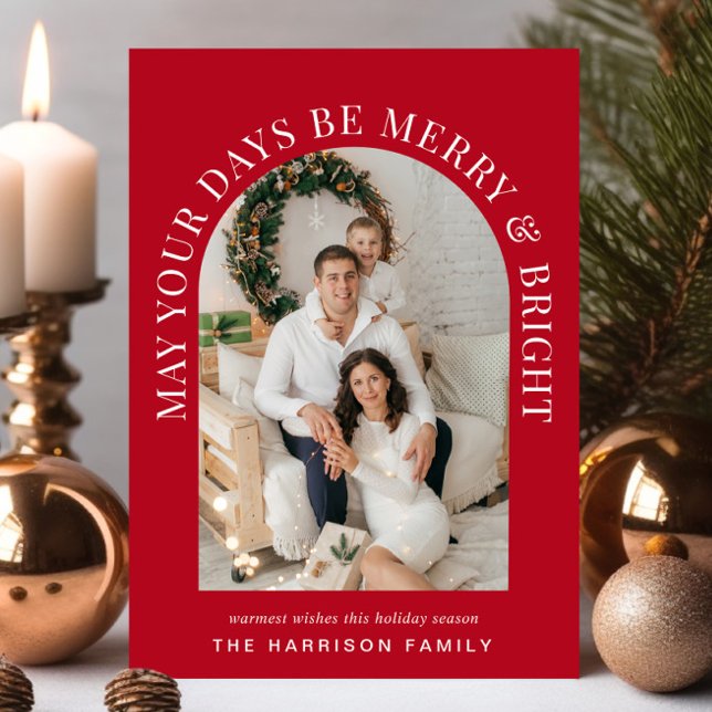 Cartão De Festividades Natal Vermelho Brilhante da Feliz de Arch Elegante (Share the love and warmth of the holiday season with this personalized photo Christmas card)