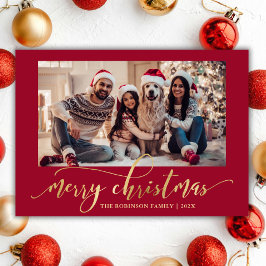Cartão De Festividades Natal Vermelho de Uma Foto em Script Dourado Elega