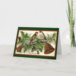 Cartão De Festividades Natal vintage Bels Dourados e pássaros