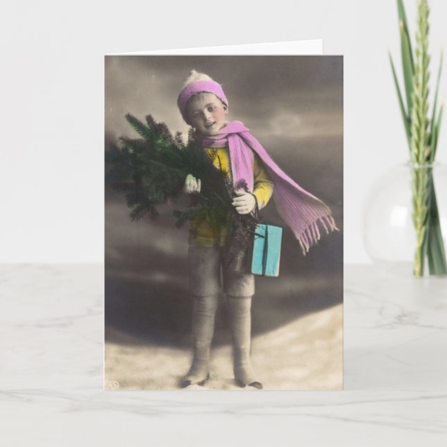 Cartão De Festividades Natal vintage Boy (Frente)