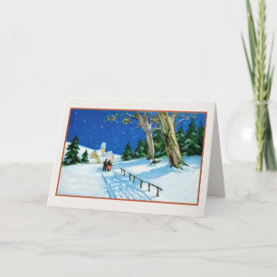 Cartão De Festividades natal vintage casal velho igreja de neve