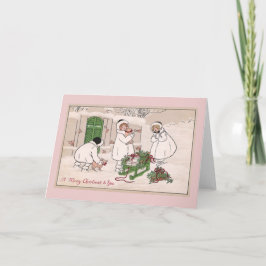 Cartão De Festividades Natal vintage das meninas e dos porcos do animal