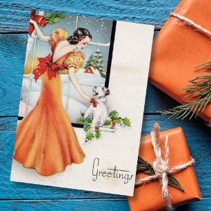 Cartão De Festividades natal vintage Garota Por Janela Com Cachorro