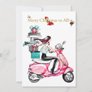 Cartão De Festividades Natal vintage mulher num patinete rosa