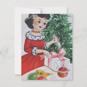 Cartão De Festividades natal vintage Rapariga Desempacotando Presente