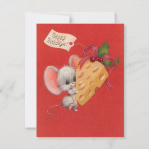 Cartão De Festividades Natal Vintage Ratinho Fofo Com Queijo