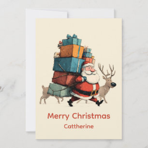 Cartão De Festividades Natal Vintage Retro Simples Papai Noel