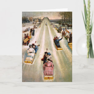 Cartão De Festividades Natal vintage Sledding do monte do Victorian