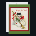 Cartão De Festividades Natal vintage Snowman com vassoura<br><div class="desc">Vintage Snowman com uma vassoura.</div>