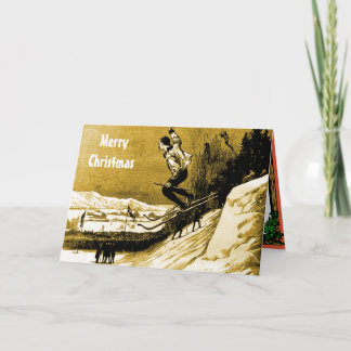 Cartão De Festividades Natal vintage, vencedor da raça de esqui, ouro