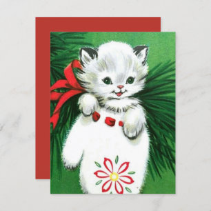 Cartão De Festividades Natal vintage White Cat a Mitten Holiday Card