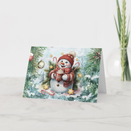 Cartão De Festividades Natalino Boneco de Neve Aquarela Vintage Festivo