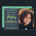 Cartão De Festividades Natalzinho Alegre Moderno Foto de Lima Fofo<br><div class="desc">Envie alegria natalina com esses cartões de foto modernos e coloridos! Eles apresentam uma tipografia elegante e fofa, com a frase "Tenha um Natalzinho Alegre" em verde lima e aqua sobre um fundo azul-marinho escuro. O verso do cartão contém um design de listras diagonais coloridas e coordenadas. Para consultas sobre...</div>