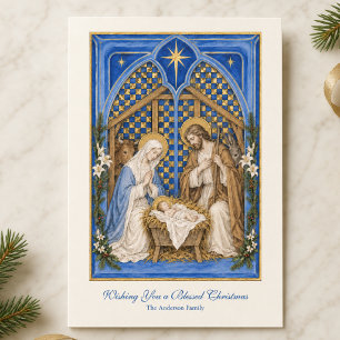 Cartão De Festividades Natividade Católica Tradicional Azul e Dourado