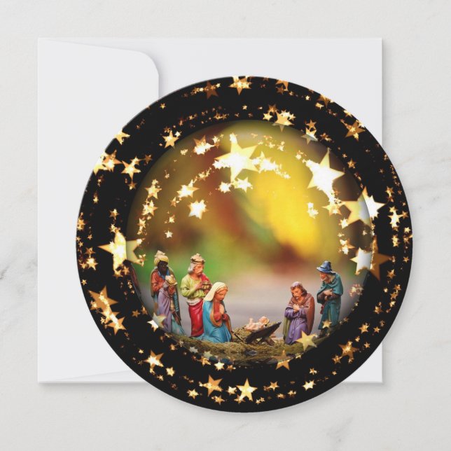 Cartão De Festividades Natividade Crib Virgem Maria Jesus Estrelas de Nat (Frente)