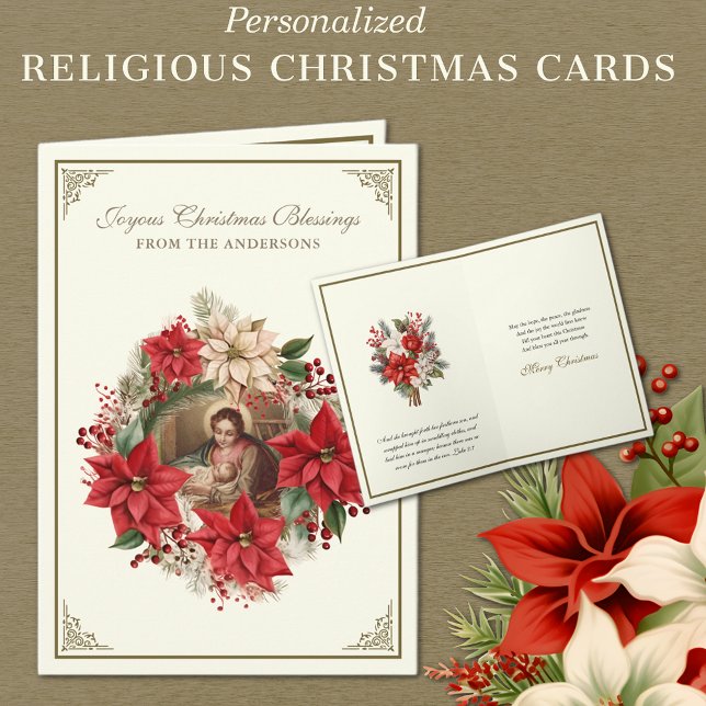Cartão De Festividades Natividade religiosa de Natal Feliz Poinsettias (Personalized Religious Vintage Christmas Cards with Blessed Virgin Mary and Jesus - Red Poinsettias)