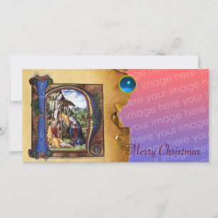 Cartão De Festividades NATIVITY MONOGRAM CHRISTMAS PARCHES Blue GEM