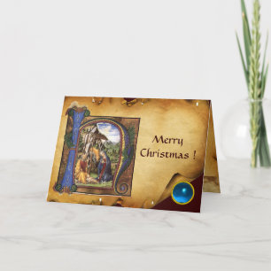 Cartão De Festividades NATIVITY MONOGRAM CHRISTMAS PARCHES Blue GEM