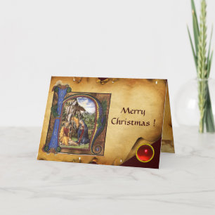 Cartão De Festividades NATIVITY MONOGRAM CHRISTMAS PARCHMENT Red Ruby Gem