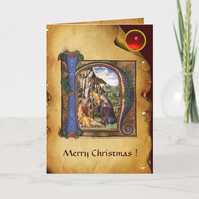 Cartão De Festividades NATIVITY MONOGRAM CHRISTMAS PARCHMENT Red Ruby Gem (Frente)