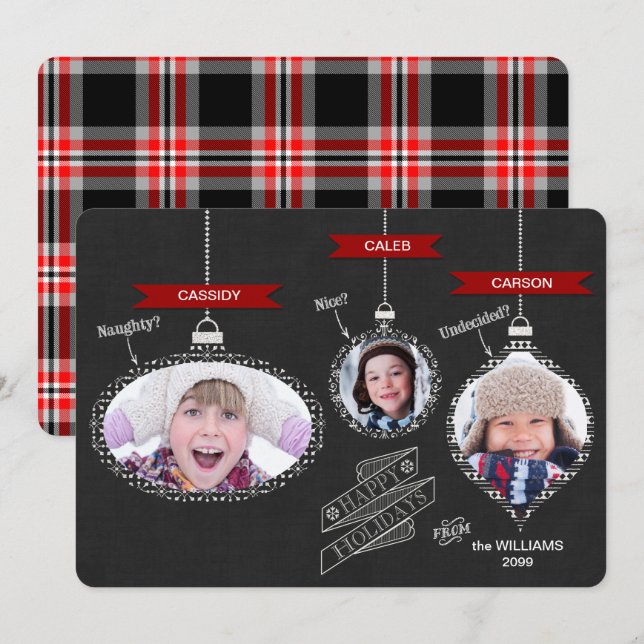 Cartão De Festividades Naughty or Nice Chalkboard Hanging Ornaments (Frente/Verso)