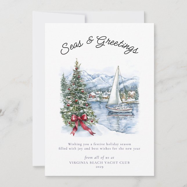 Cartão De Festividades Nautical Seas & Greetings Sailboat Christmas  (Frente)