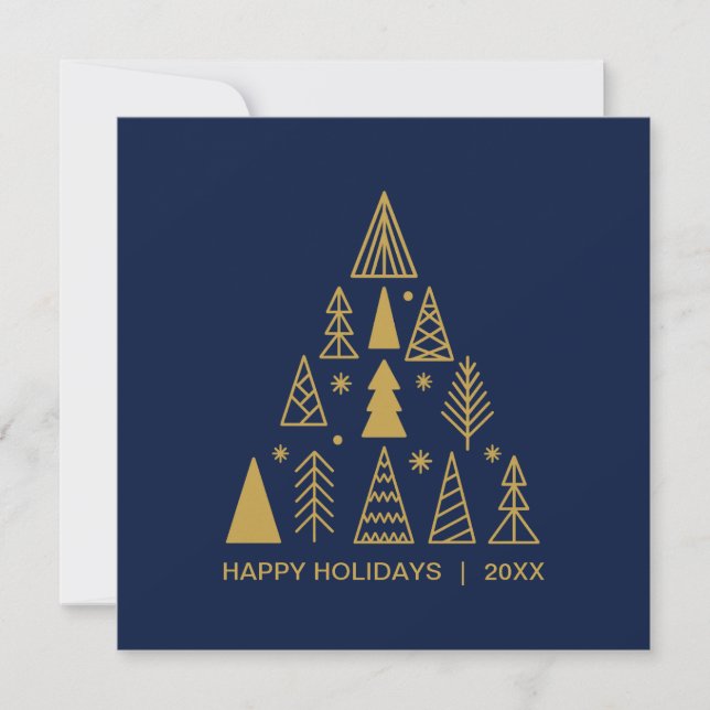 Cartão De Festividades Navy Blue and Gold Christmas Tree | Holiday Square (Frente)
