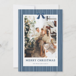 Cartão De Festividades Navy Blue Stripe Bow Christmas Photo Holiday Card