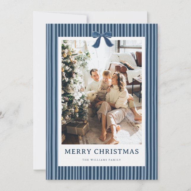 Cartão De Festividades Navy Blue Stripe Bow Christmas Photo Holiday Card (Frente)