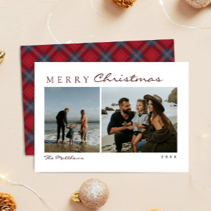 Cartão De Festividades Navy Vermelho Tartan Simples Família Foto Natal