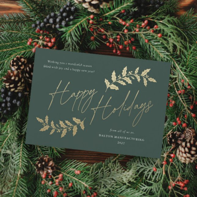 Cartão De Festividades Negócios de Feriados Felizes de Script Dourado Mod (Elegant gold greenery leaves happy holidays green business holiday card.)