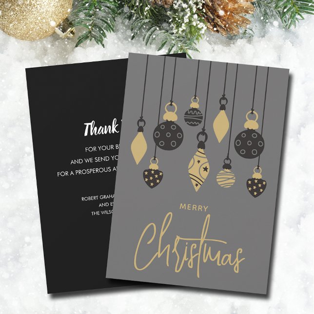Cartão De Festividades Negócios de Ornamentos de Árvore de Natal Chic (Black & gold Christmas tree ornaments on grey business holiday card-PRINTED and/or INSTANT DOWNLOAD)