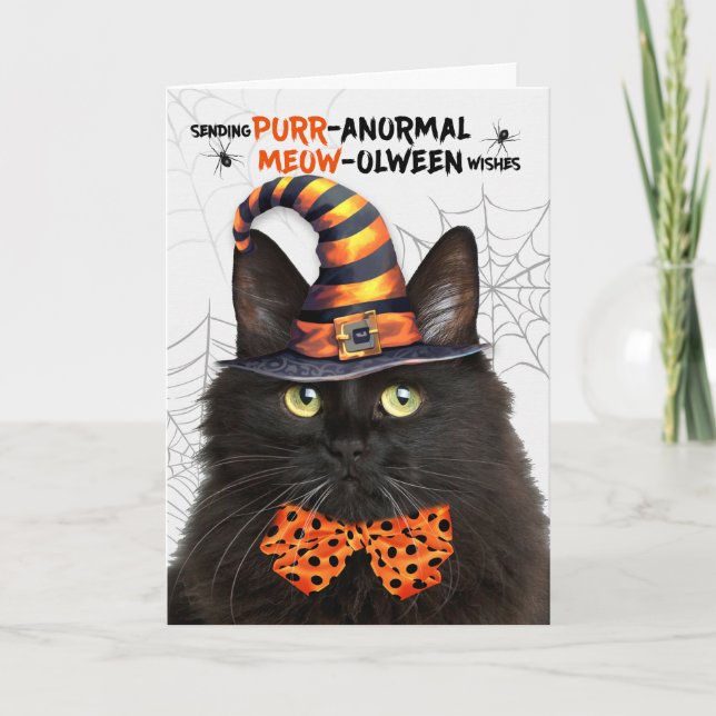 Cartão De Festividades Negra Fluffy Halloween Cat PURRolinterpolação anor (Frente)
