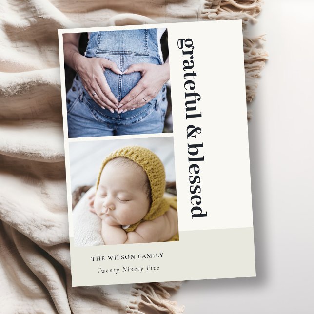 Cartão De Festividades Negrito Minimal 2 Foto Preto Grade Grato & Abençoa (Criador carregado)