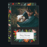 Cartão De Festividades Negrito Retro Citrino & Floral | Foto Férias<br><div class="desc">Este cartão de férias fotográfico elegante apresenta uma saudação enquadrada floral na frente e um padrão colorido no verso, incluindo fatias de laranja, flores, galhos de pinheiro, flocos de neve, bagas, folhas e raminhos! Todas as obras de arte criadas exclusivamente pela Orabella Prints - você não encontrará esse design em...</div>