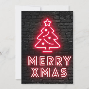 Cartão De Festividades Neon Árvore de Natal Vermelha Parede de Tijolo Pre