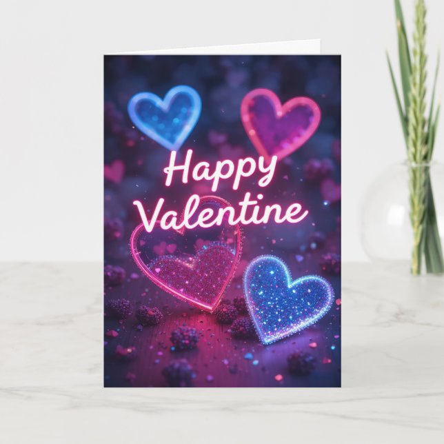 Cartão De Festividades Neon Heart Valentine Modern Happy Valentines Day  (Frente)