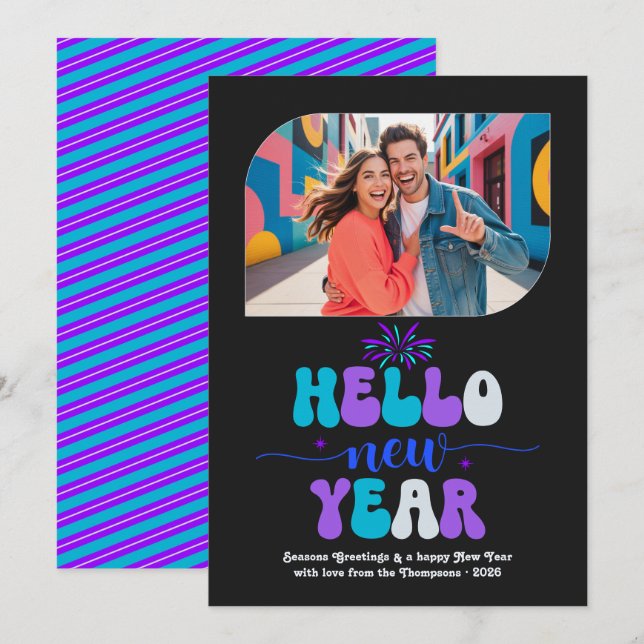 Cartão De Festividades Neon Ice Hello New Year Blue Retro Photo (Frente/Verso)