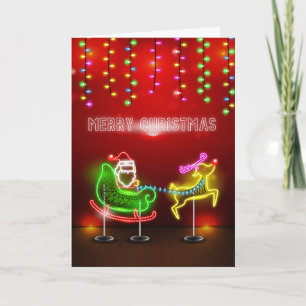 Cartão De Festividades Neon Lights Santa and Rudolph Christmas