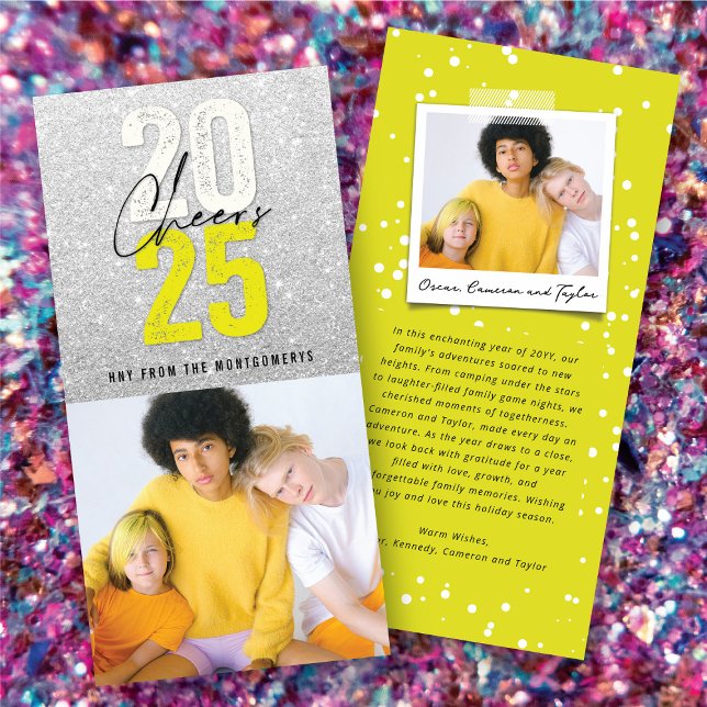 Cartão De Festividades Neon Yellow Cheers 2025 Glitter New Year Foto (Neon Yellow Cheers 2025 Glitter New Year Photo Holiday Card @ fat_fa_tin)