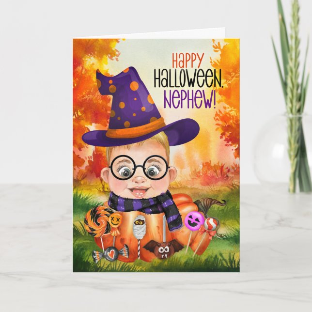 Cartão De Festividades Nephew Little Wizard Pumpkin para o Dia das Bruxas (Frente)