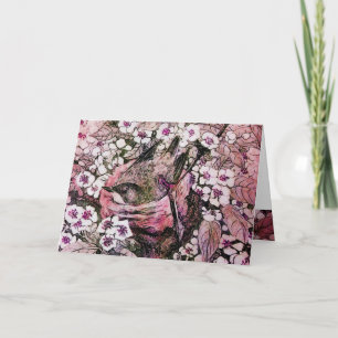 CARTÃO DE FESTIVIDADES NESTE DE PÁSSAROS, ÁRVORE COM FLORES DE PRIMAVERA